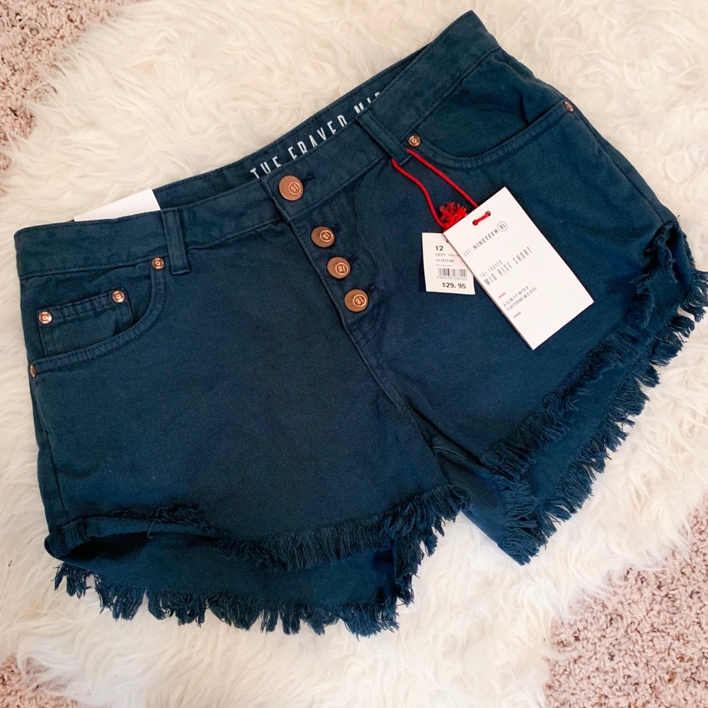Cotton On Frayed Mid Rise Deep Green Denim Shorts